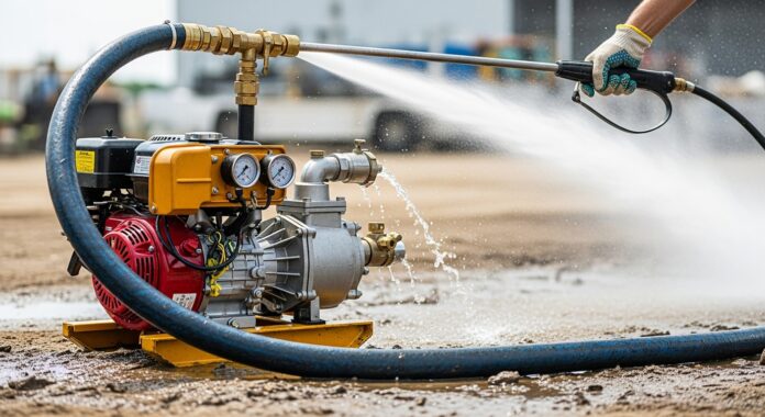 High-pressure water pump with reinforced hose and spray nozzle in use