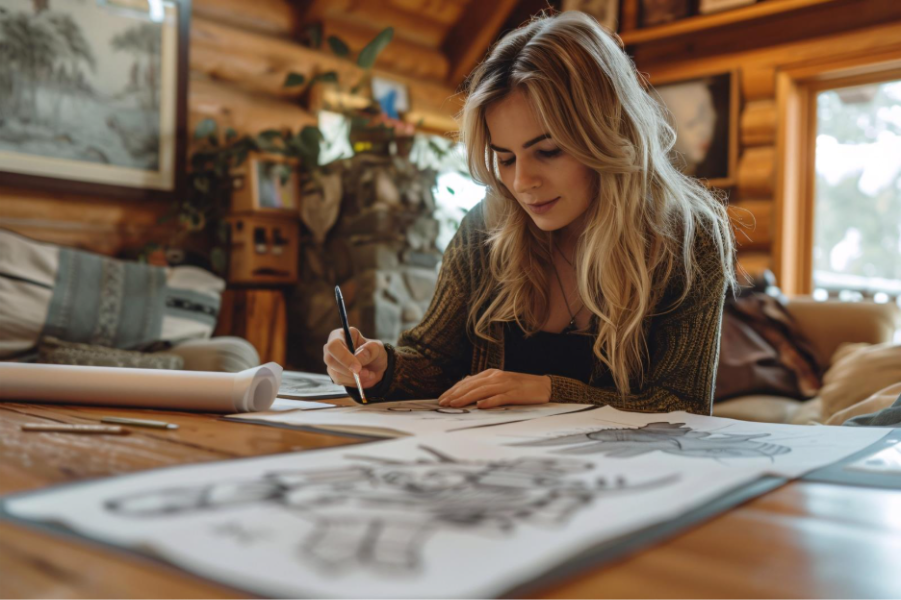 People relaxing indoors in a wooden home while coloring on paper as a calm, screen-free activity.