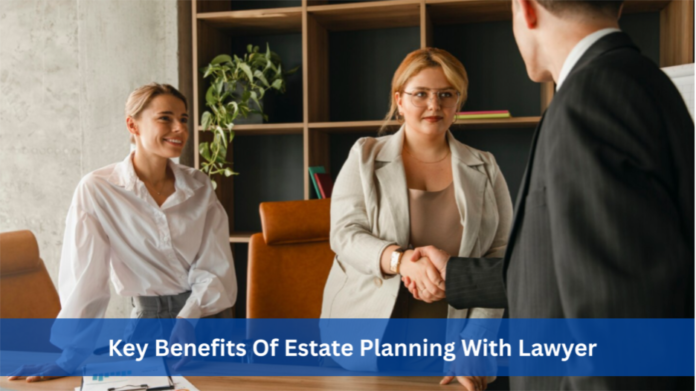 Estate planning lawyer meeting with clients to discuss legal documents