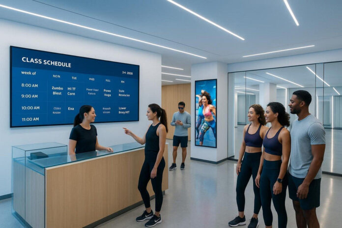 Fitness center digital screens displaying live group class schedules at a modern gym reception