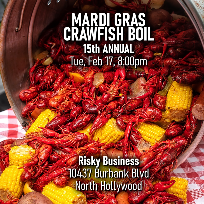 It’s Mardi Gras! And Risky Business is celebrating with a Mardi Gras Crawfish Boil on February 17!