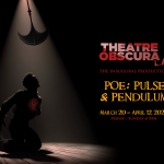 Dramatic spotlight on kneeling figure beneath pendulum blade for Poe: Pulse and Pendulum immersive horror production