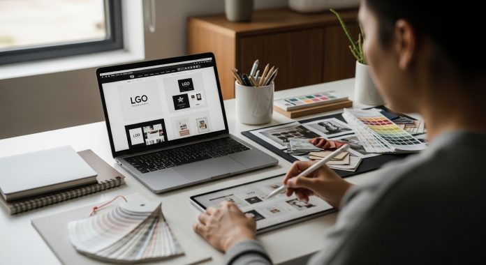 Designer working on brand identity at desk with laptop, logo mockups, and color palette samples