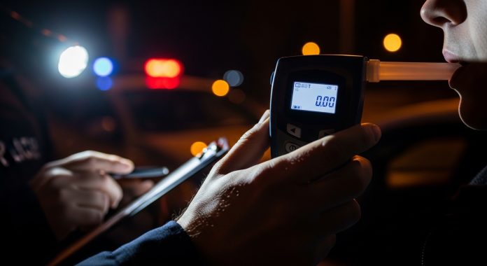 Driver taking a breathalyzer test during a nighttime DUI traffic stop with police lights in the background