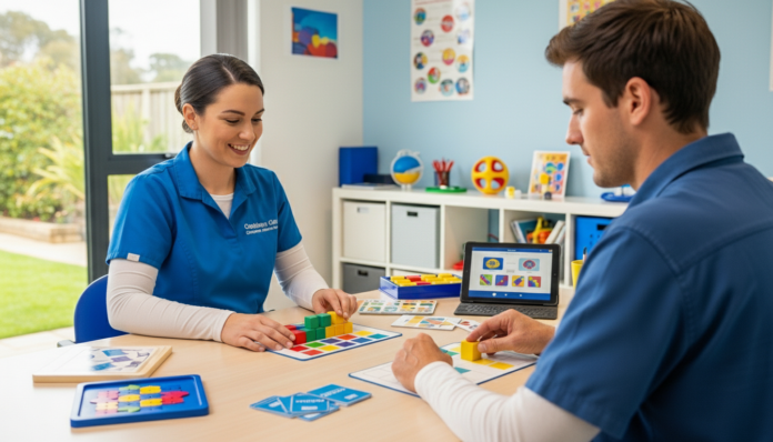 Brain injury rehabilitation session showing cognitive therapy and functional recovery work