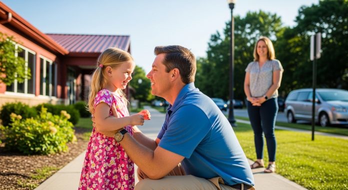 Father kneeling to greet young daughter outside a school while mother stands nearby during custody exchange.