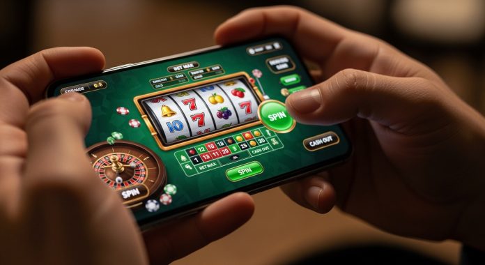 Person using smartphone to play online slot game, illustrating how to use Lemon Casino promo codes for deposit bonuses and free spins.