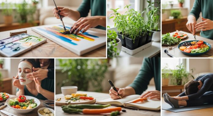 Holistic self-care practices for creatives including art, journaling, healthy food, mindfulness, and movement