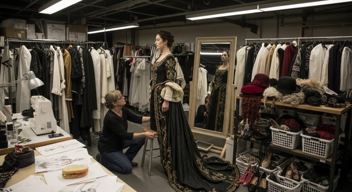 Experienced tailor fitting a period theatre costume on an actor in a backstage workshop.
