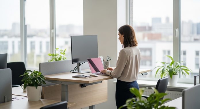 Employee using a standing desk in a modern office to support employee safety and health