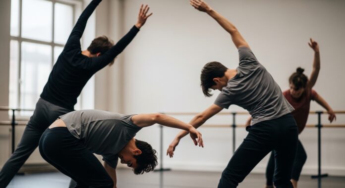 Whisk_d23e43068177e6eab4440a89a1f04a90dr Contemporary dancers rehearsing movement together in a studio, showcasing local dance performance and modern choreography