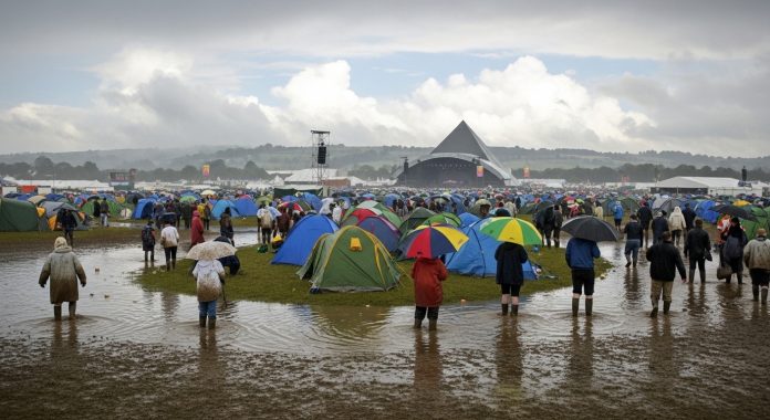 Flooded campsite at a major music festival with tents and attendees standing in deep mud after heavy rain.