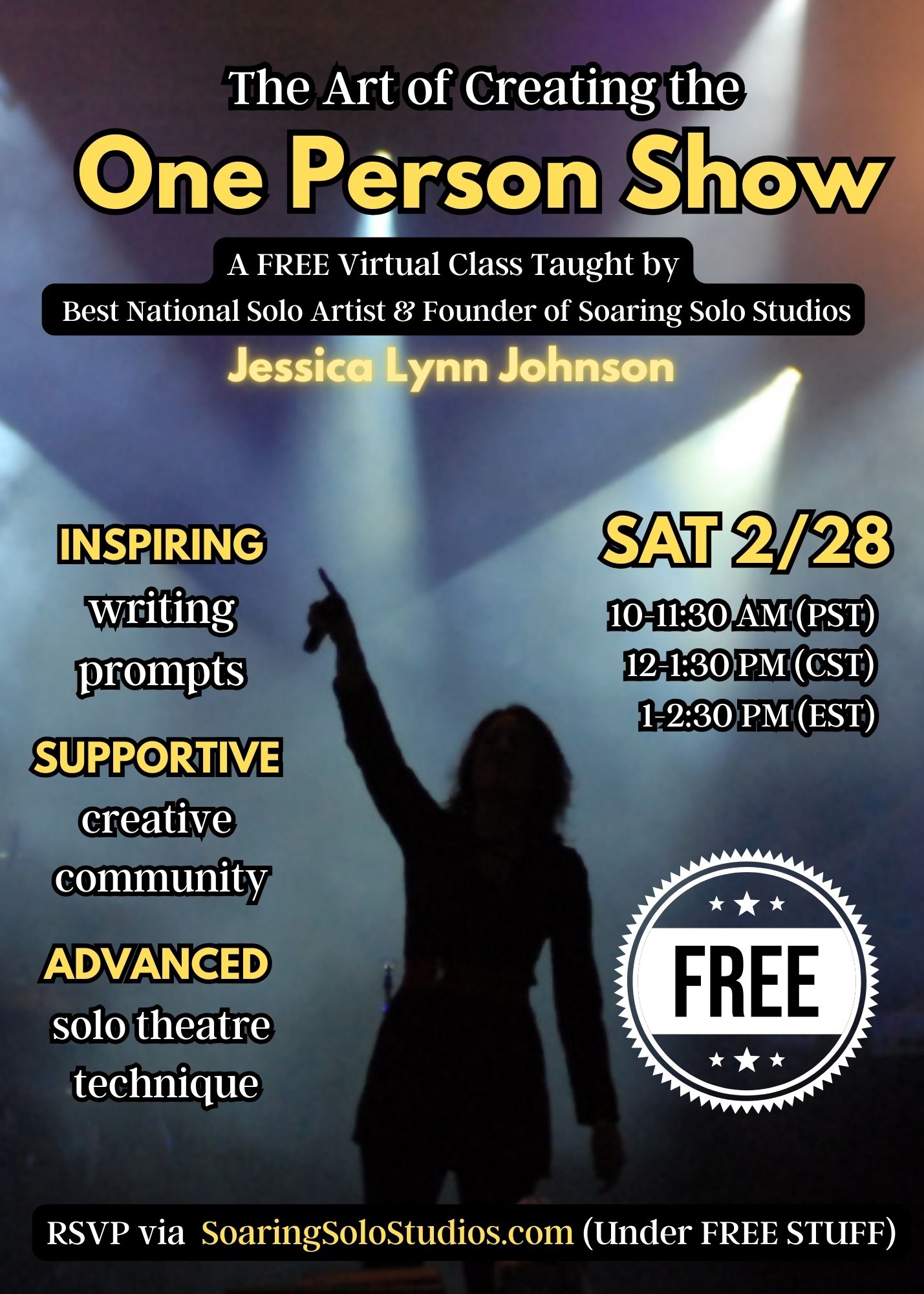 The Art of Creating the One Person Show free virtual class with Jessica Lynn Johnson