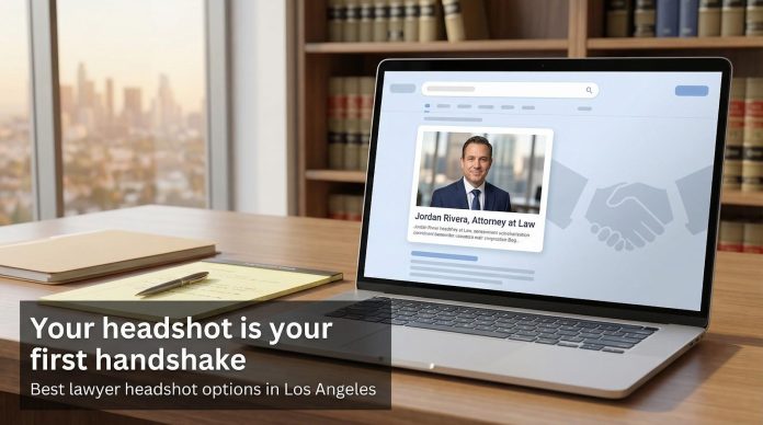 Laptop displaying lawyer headshot on law firm website in Los Angeles office setting.