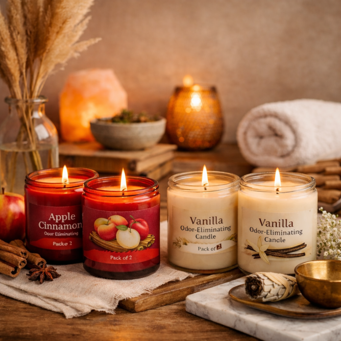 Apple cinnamon and vanilla scented candles for wellness displayed in a cozy home setting