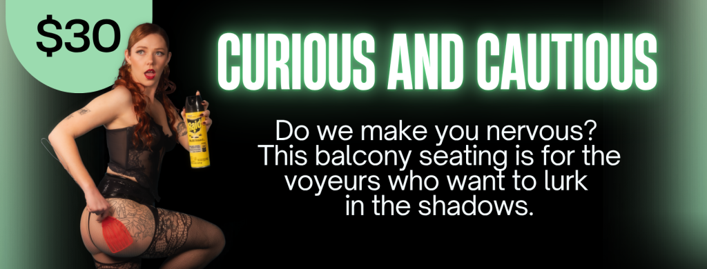 Cabaret of Curiosities dance show balcony seating curious and cautious with performer in theatrical character pose