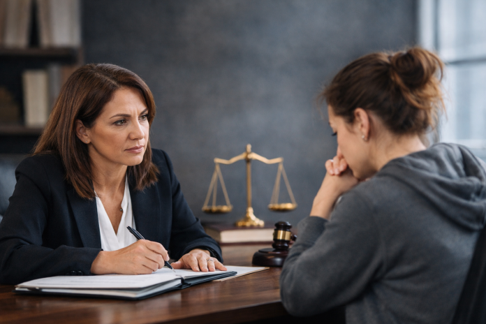 Lawyer consulting with a client in a Los Angeles office about a sexual abuse case and legal rights