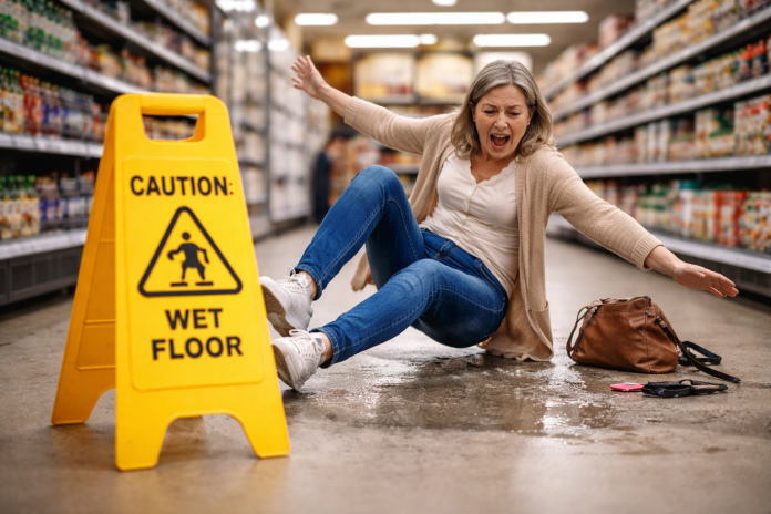 Person slipping on a wet floor in a grocery store with a caution sign, illustrating a common slip and fall accident in Los Angeles