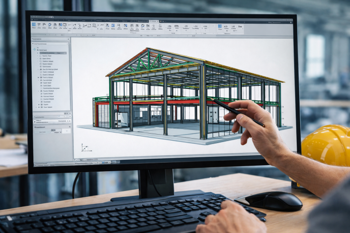 3D steel building design displayed on a computer screen showing structural layout and framing before construction