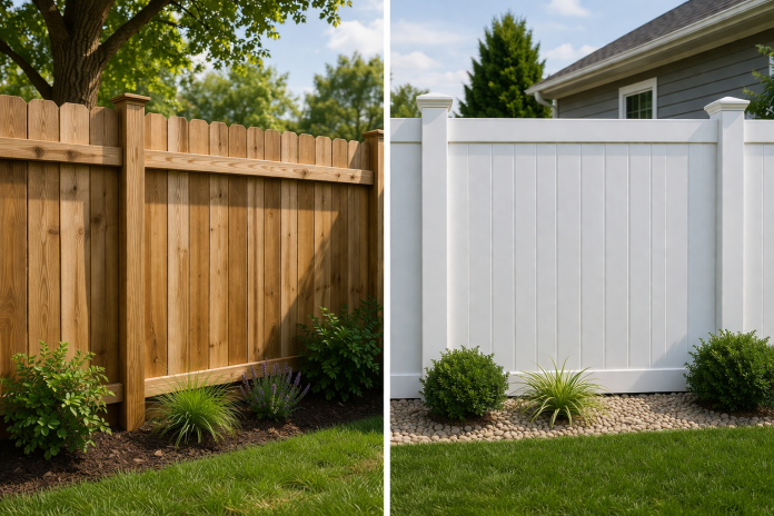 Side-by-side comparison of wood and vinyl fencing installed in a residential backyard with landscaping