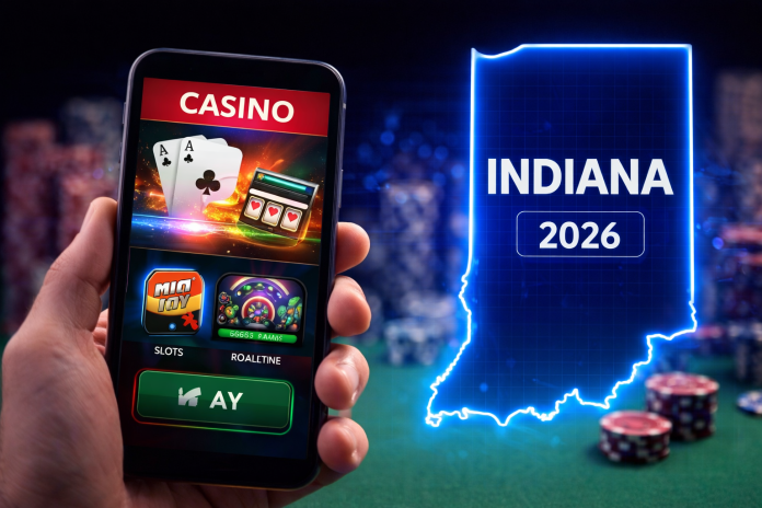 Smartphone displaying online casino games with cards and slots, representing Indiana online casinos and mobile gambling in 2026