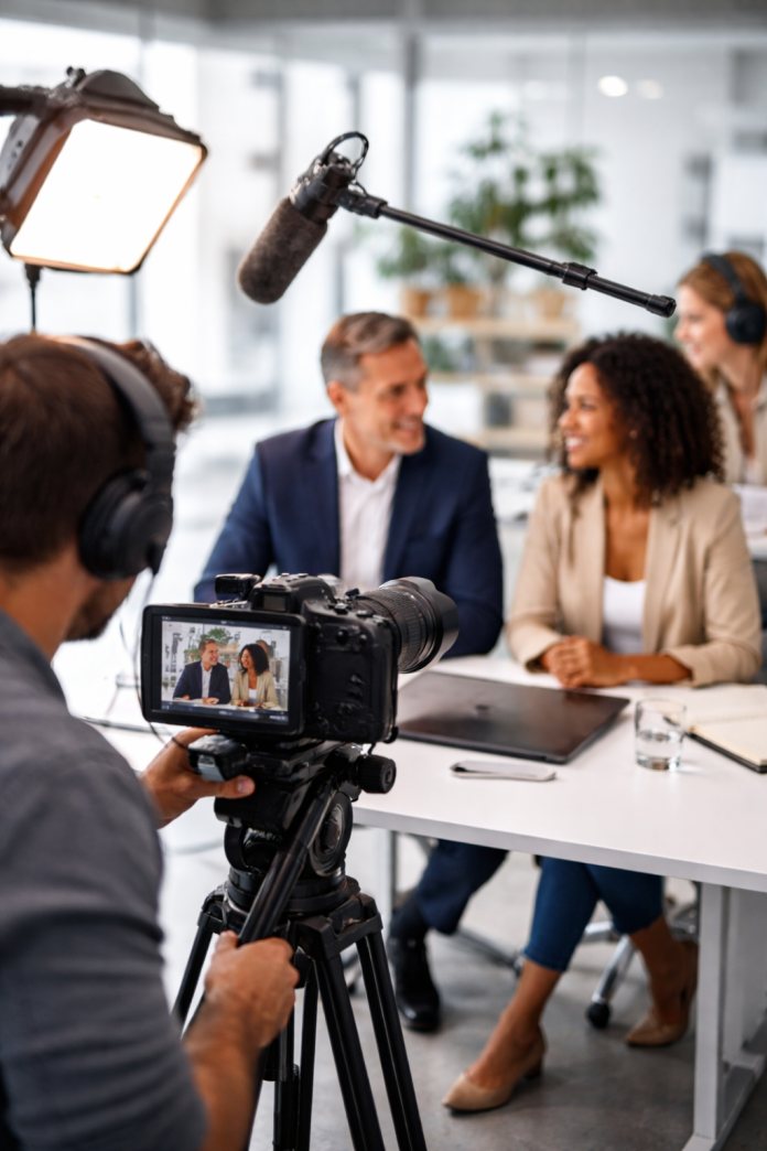 Professional team filming a corporate video interview with camera lighting and audio equipment in a modern office setting
