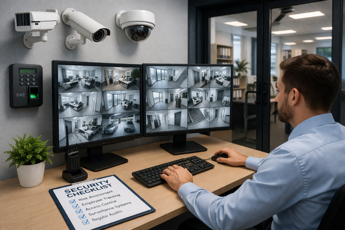 Security guard monitoring surveillance screens in a small business office with cameras and access control systems in use