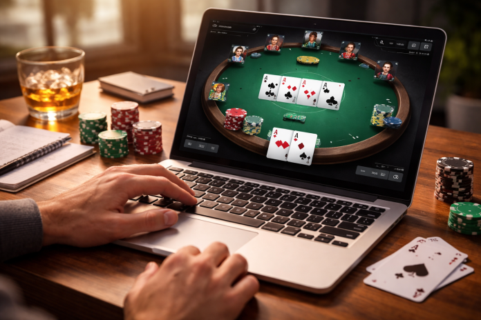 ChatGPT Image Mar 31, 2026, 01_38_23 PM Beginner poker player using a laptop with cards and chips on the table, representing online poker casinos and digital gameplay strategy