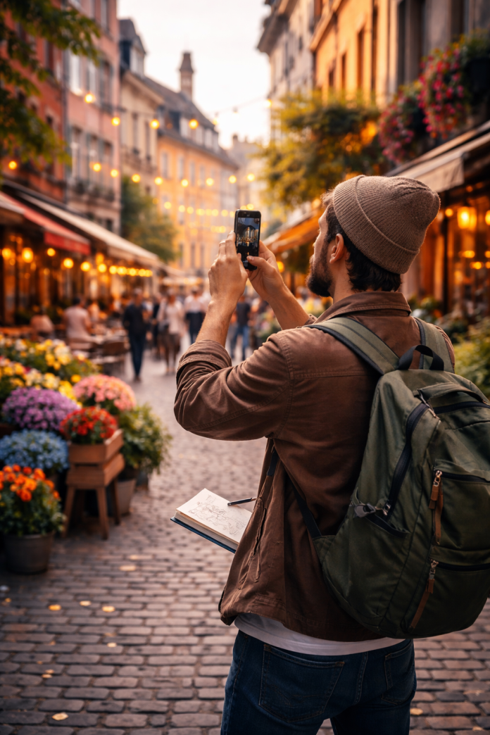 Creative traveler photographing a vibrant city street while holding a sketchbook, capturing inspiration in a new environment
