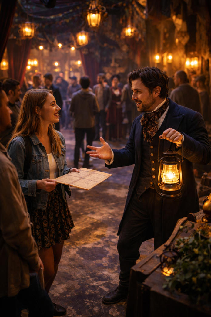 Audience interacting with a well-dressed actor inside an immersive theatre performance with warm lighting and a multi-room set
