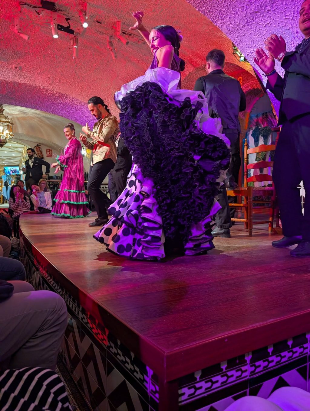 Flamenco dancer swirling dress during Barcelona flamenco performance