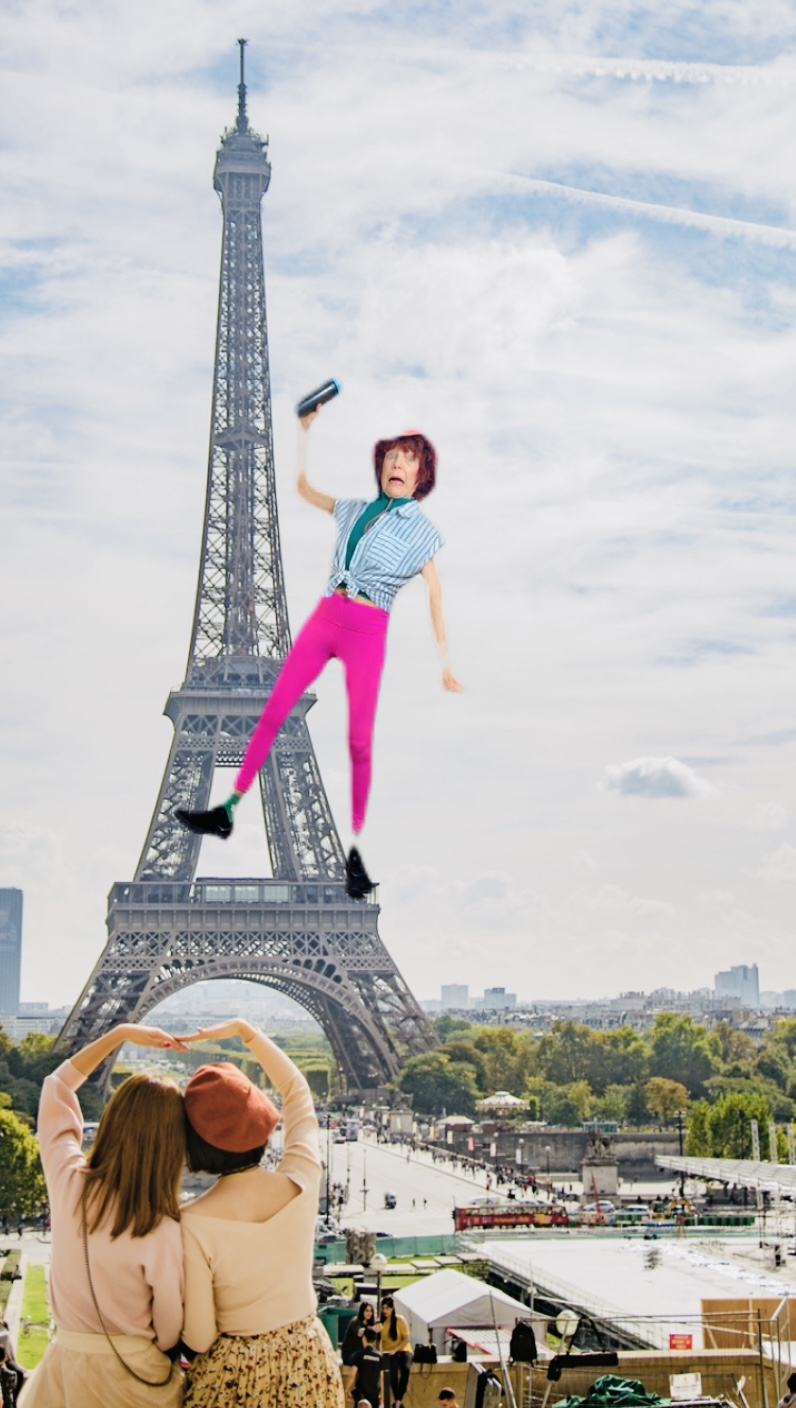 Jacqi Bowe jumping in front of the Eiffel Tower in Hashtag What I Did on My Summer Fake-Cation promotional image