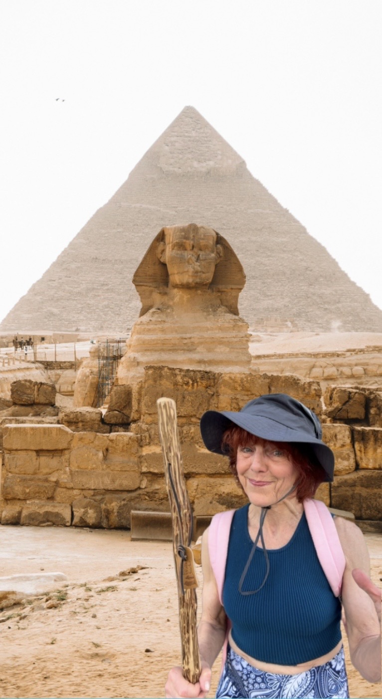 Jacqi Bowe standing in front of the Great Sphinx and Pyramid of Giza for Hashtag What I Did on My Summer Fake-Cation