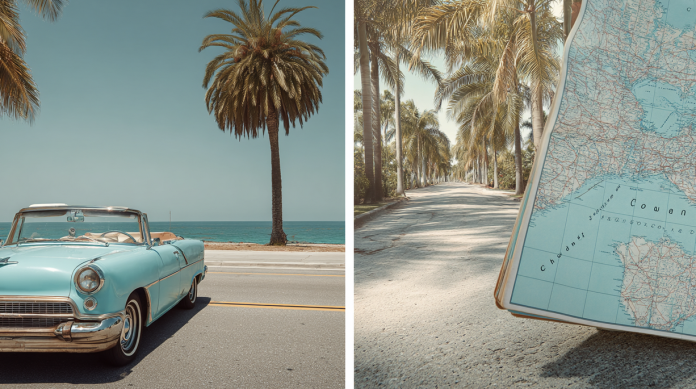 Screen Shot 2026-03-30 at 5.57.26 PM road trip scenes with vintage car palm trees and map representing travel planning ideas for where to go on vacation