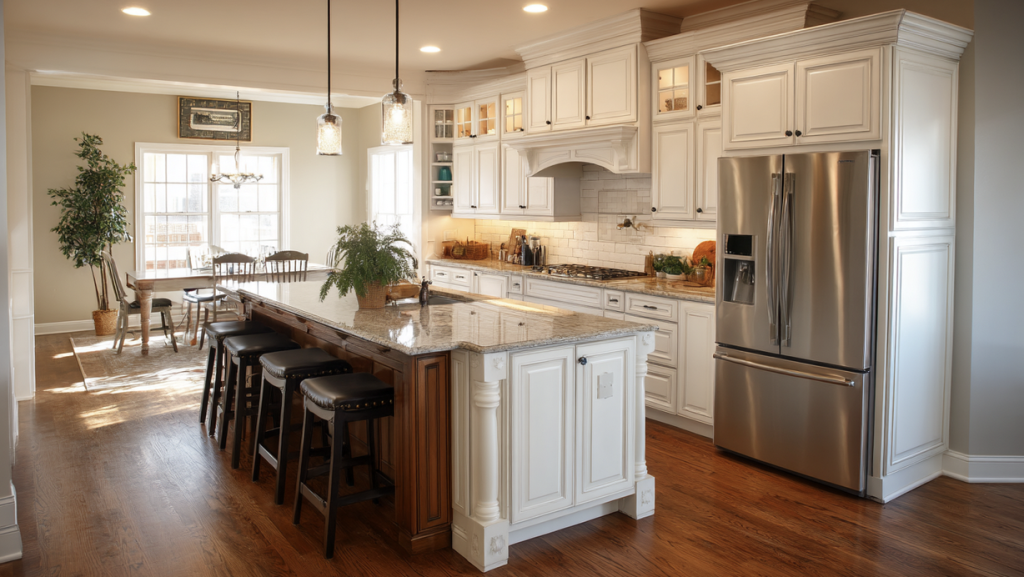 how to build kitchen cabinets shown in a completed kitchen remodel with white cabinetry and island