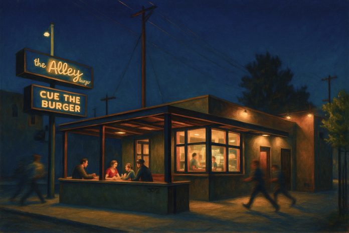 Illustration of The Alley Burger restaurant in North Hollywood at night