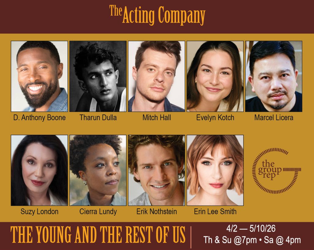The Young and the Rest of Us cast at The Group Rep Theatre including D. Anthony Boone, Tharun Dulla, Mitch Hall, Evelyn Kotch, Marcel Licera, Suzy London, Cierra Lundy, Erik Nothstein, and Erin Lee Smith