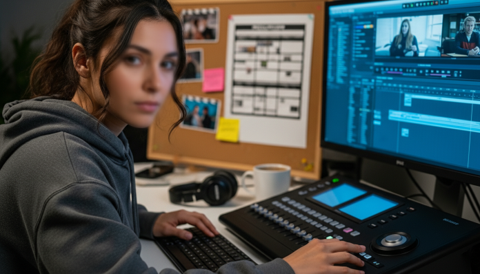 Indie filmmaker using AI tools for indie filmmakers to edit video in a home studio