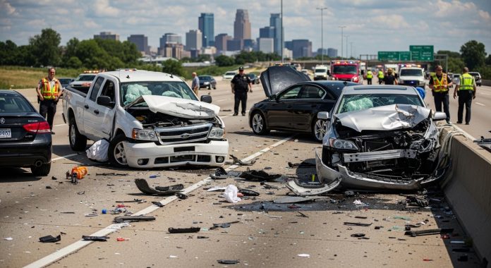 multi vehicle car accident on Minneapolis highway with emergency responders