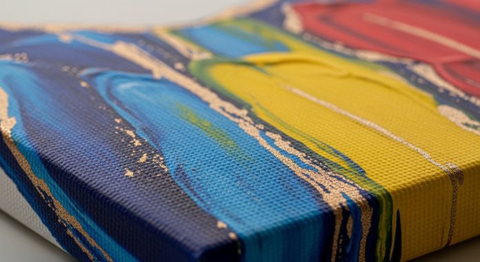 Close-up of colorful abstract canvas print showing textured fabric surface.
