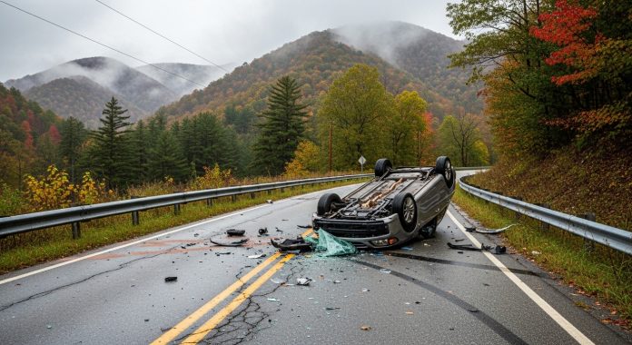 Car accident on winding West Virginia mountain road involving rollover vehicle, example case handled by car accident lawyers in West Virginia