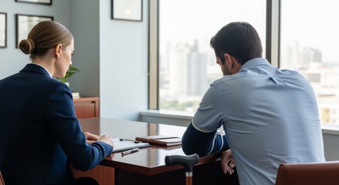 Personal injury lawyers consulting injured client in Columbia South Carolina office