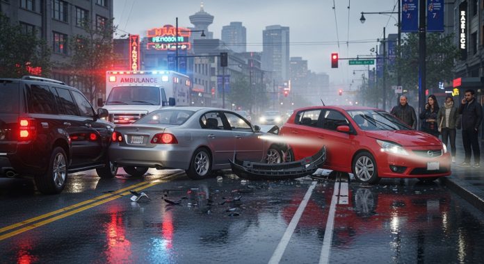 Car accident scene on a city street with ambulance responding to a multi-vehicle collision.