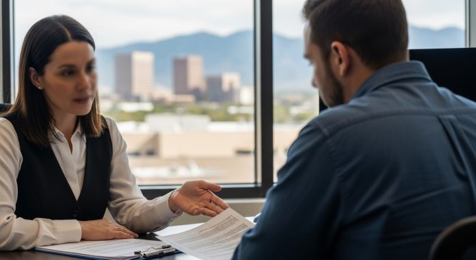 Whisk_6daa9087411ba3fbb7042eac712fc5f4dr Albuquerque personal injury lawyer consulting with a client about an accident claim