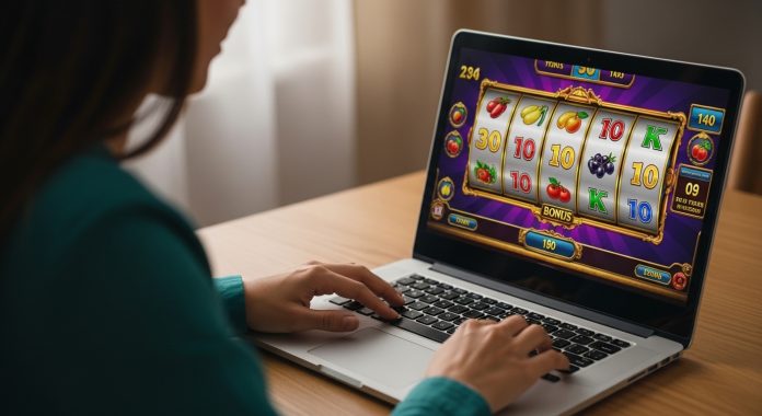 person playing online casino slot game on laptop