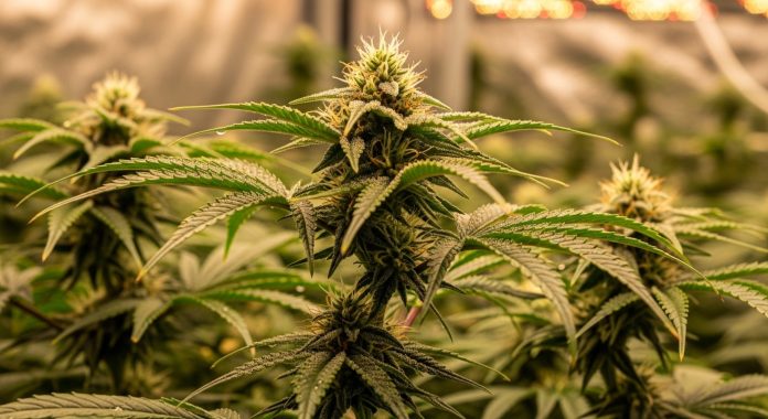 Indoor cannabis plant in flowering stage grown under controlled lighting for reliable cannabidiol oil production