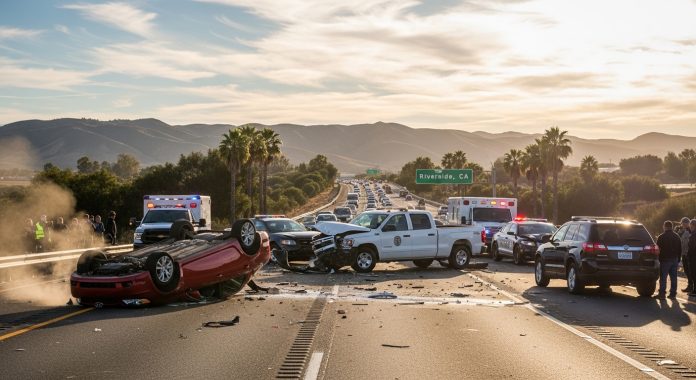 multi vehicle car accident on Riverside California highway with emergency responders