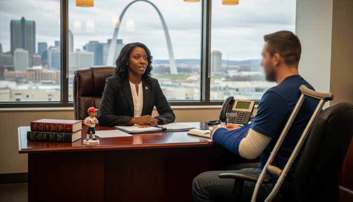St Louis personal injury lawyer meeting injured client in law office with Gateway Arch in background