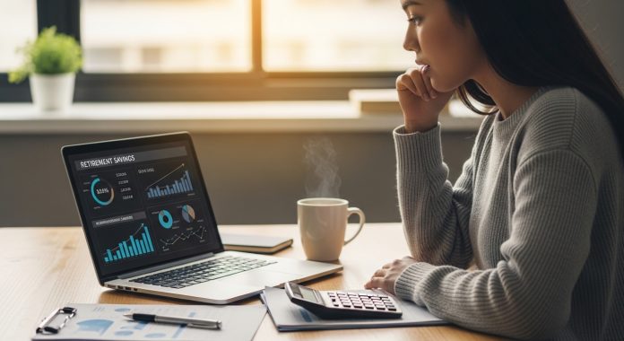 reviewing retirement savings plan and financial charts on a laptop