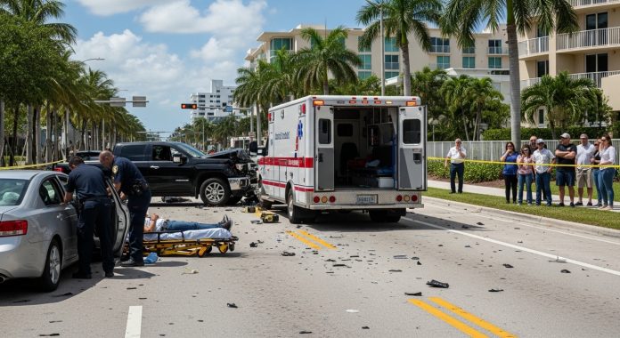 Whisk_c15cafdb818f6bea3af4bcd04dc07f72dr(1) Emergency responders assisting an injured person after a car accident on a Fort Lauderdale street.
